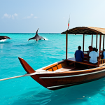 A diverse group of happy tourists, fully clothed in modest, light summer attire, stands on a traditional Maldivian Dhoni boat, observing numerous spinner dolphins gracefully leaping and swimming in the clear turquoise ocean. The scene is bathed in the warm light of a gentle sunrise. The people are engaged in a family-friendly activity, with natural poses and correct proportions, well-formed hands. The image is a professional photograph, safe for work, appropriate content, ensuring perfect anatomy and natural body proportions.