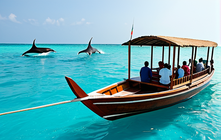 A diverse group of happy tourists, fully clothed in modest, light summer attire, stands on a traditional Maldivian Dhoni boat, observing numerous spinner dolphins gracefully leaping and swimming in the clear turquoise ocean. The scene is bathed in the warm light of a gentle sunrise. The people are engaged in a family-friendly activity, with natural poses and correct proportions, well-formed hands. The image is a professional photograph, safe for work, appropriate content, ensuring perfect anatomy and natural body proportions.