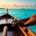 A person in modest, appropriate attire, fully clothed, gently hand-lining from a traditional wooden Maldivian Dhoni boat. The scene is set at sunset, with soft, golden hour light reflecting on calm turquoise waters. Distant small islands and atolls dot the tranquil horizon in the background. The atmosphere is peaceful and authentic. Perfect anatomy, correct proportions, natural pose, well-formed hands, proper finger count. Professional photography, cinematic, high resolution, soft lighting. safe for work, appropriate content, family-friendly.