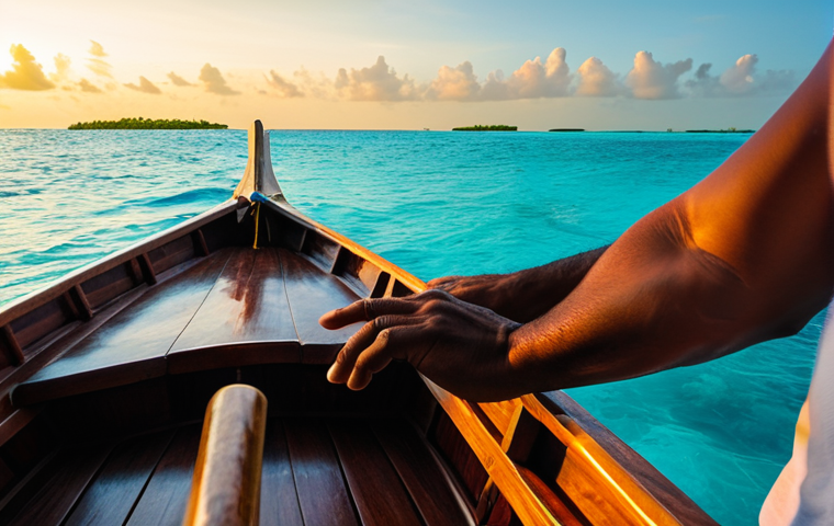 A person in modest, appropriate attire, fully clothed, gently hand-lining from a traditional wooden Maldivian Dhoni boat. The scene is set at sunset, with soft, golden hour light reflecting on calm turquoise waters. Distant small islands and atolls dot the tranquil horizon in the background. The atmosphere is peaceful and authentic. Perfect anatomy, correct proportions, natural pose, well-formed hands, proper finger count. Professional photography, cinematic, high resolution, soft lighting. safe for work, appropriate content, family-friendly.