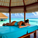 A serene overwater spa pavilion in the Maldives, featuring a professional woman receiving a relaxing treatment. She is fully clothed in a modest spa wrap, lying comfortably on a massage bed. Below a clear glass floor, vibrant coral reefs and colorful fish are visible in the crystal-clear turquoise ocean. The pavilion showcases natural wooden architecture, with soft, ambient lighting and an expansive view of the calm sea. The atmosphere is peaceful and rejuvenating, reflecting ultimate tranquility. Perfect anatomy, correct proportions, natural pose, well-formed hands, proper finger count, natural body proportions, safe for work, appropriate content, fully clothed, professional, high quality, professional photography, serene ambiance.